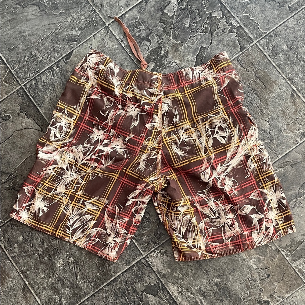 HONOLUA Men’s Floral Plaid Brown Lace-Front Sporty Swim Beach Pool Board Shorts - Picture 7 of 11